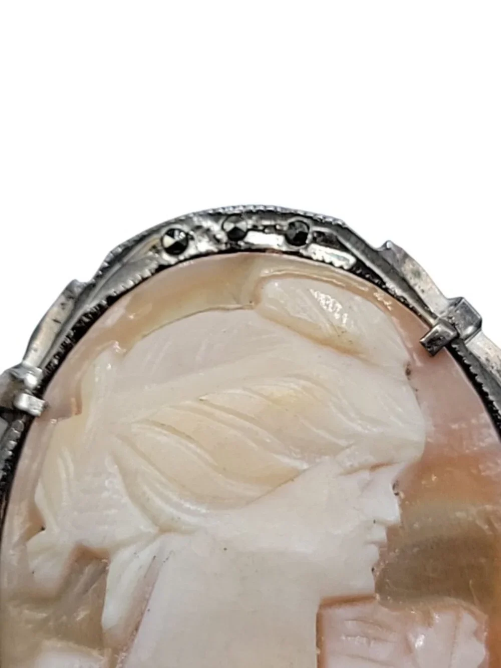 Antique 800 Silver Shell Cameo Brooch Italian Marcasite Studded Thin Delicate - Picture 11 of 12